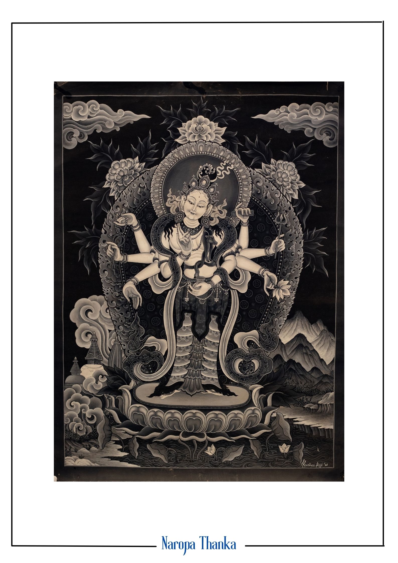 Avalokiteshvara  with 8 Arms, Nepali art, Black and white 46*34cm