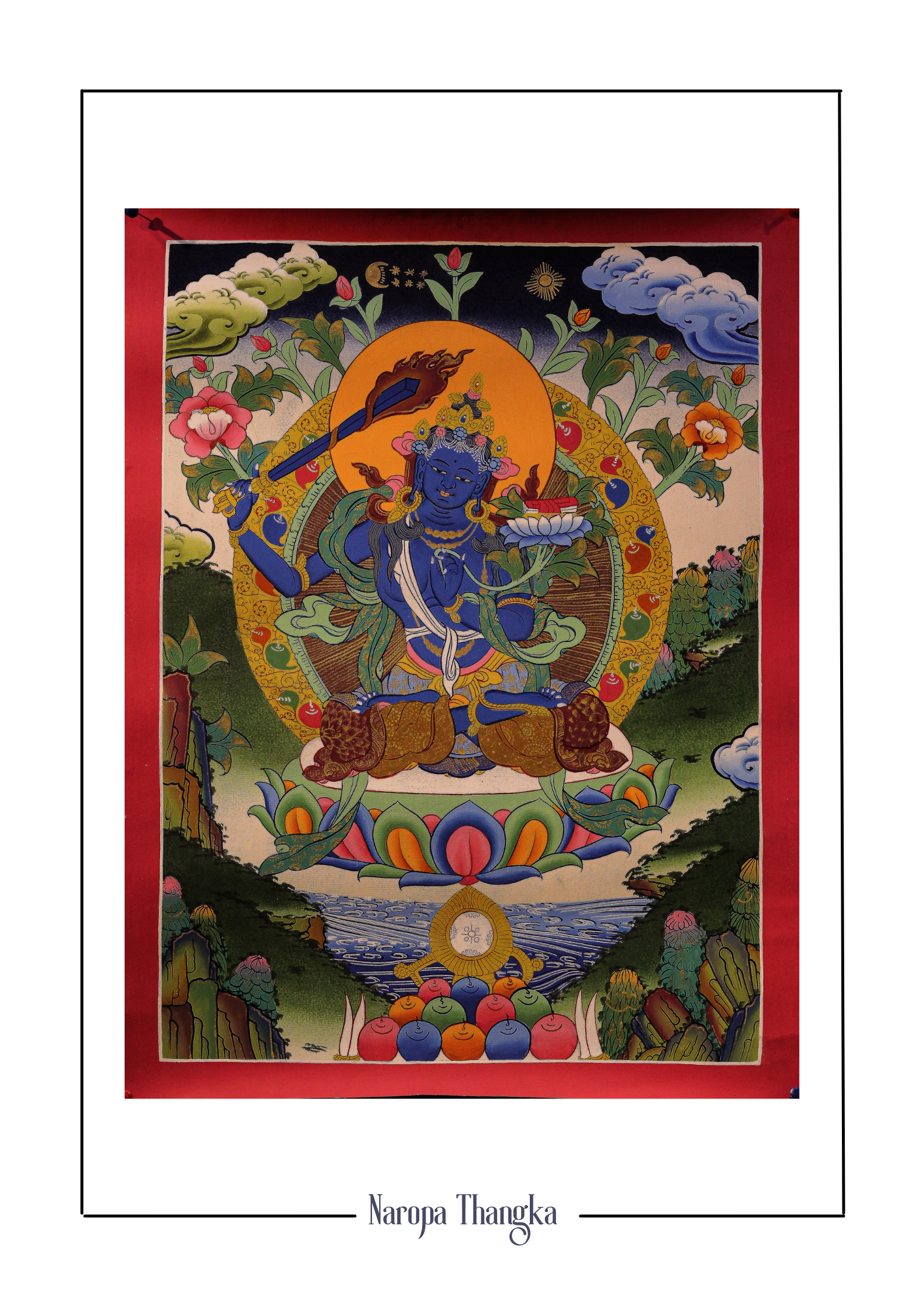 Blue Manjushree, Tibetan Thangka 48-36cm
