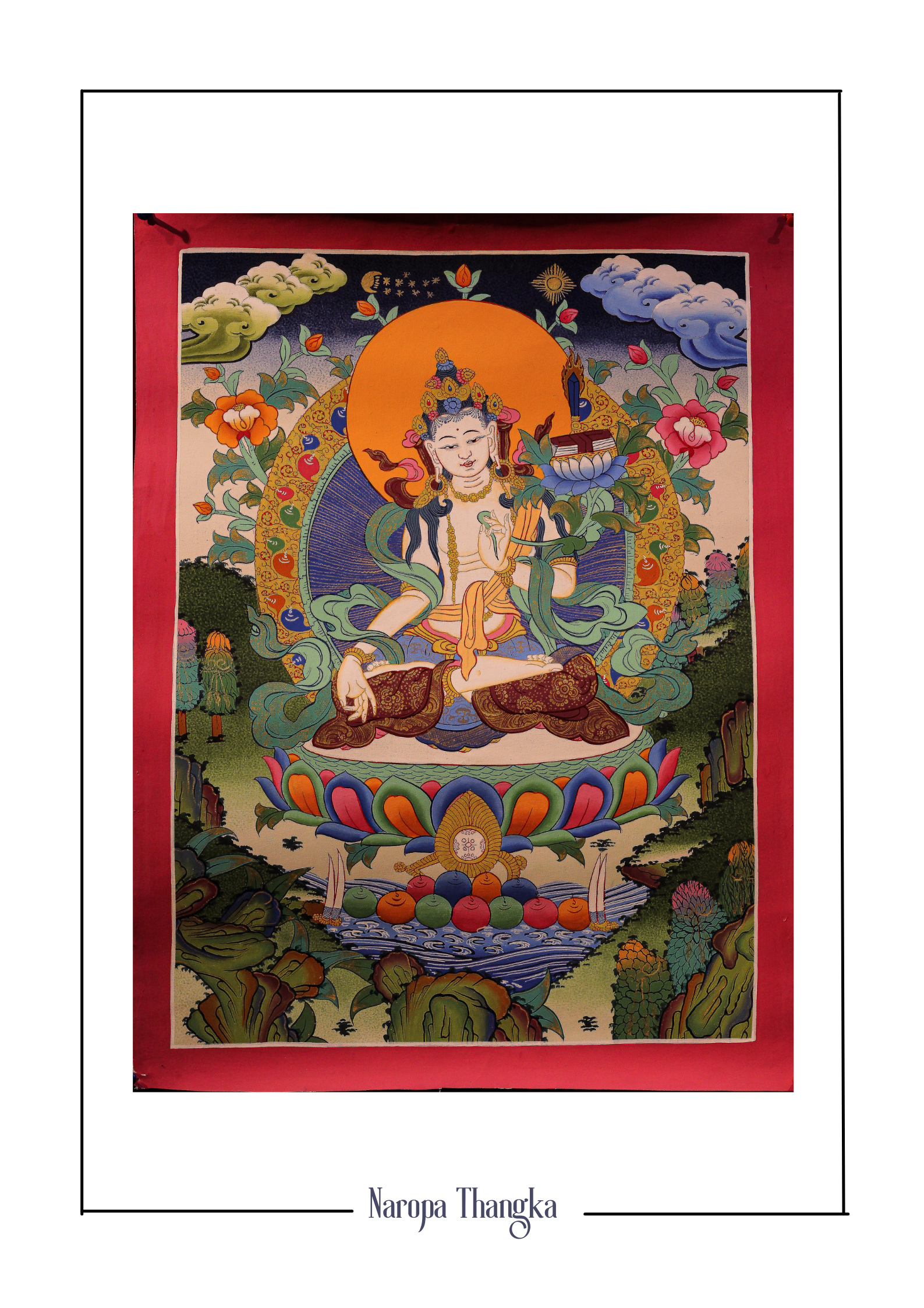 White Manjushree, Tibetan Thangka 48-36cm