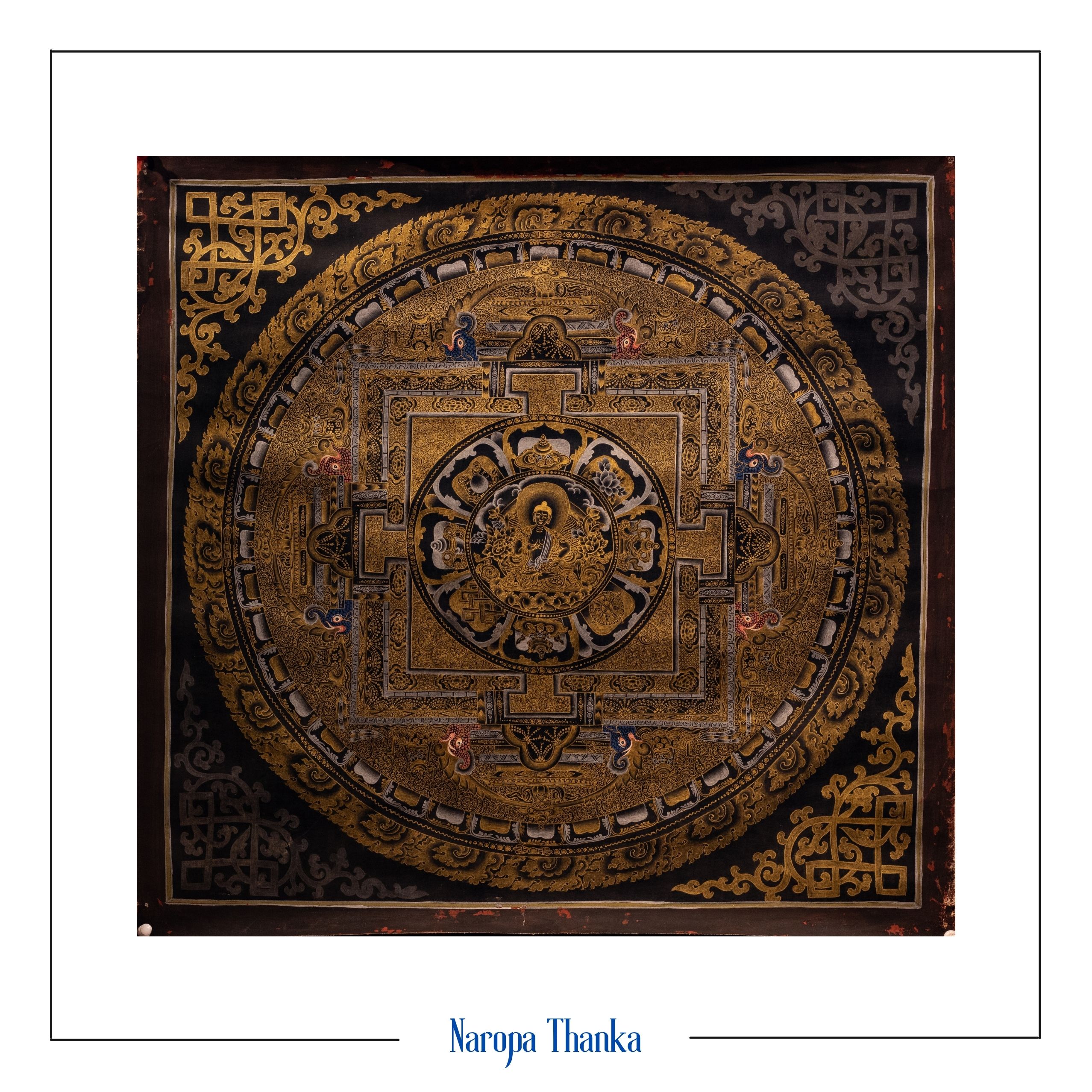 Black and Gold Mandala for Good Luck, Old and Rare, Tibetan Mandala 46*44cm