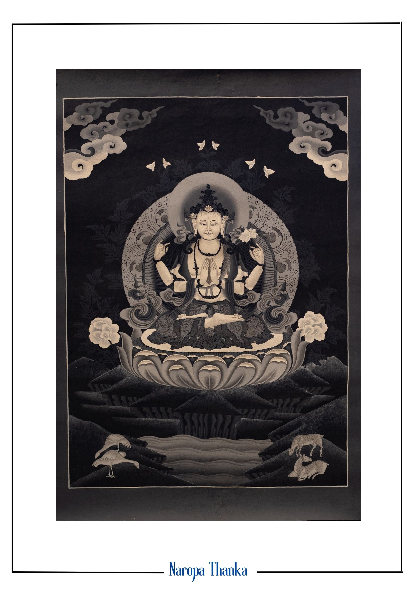 Chenrezik ( Bodhisattva of Compassion), Tibetan Thangka, Masterpiece, Black and White 41*30cm