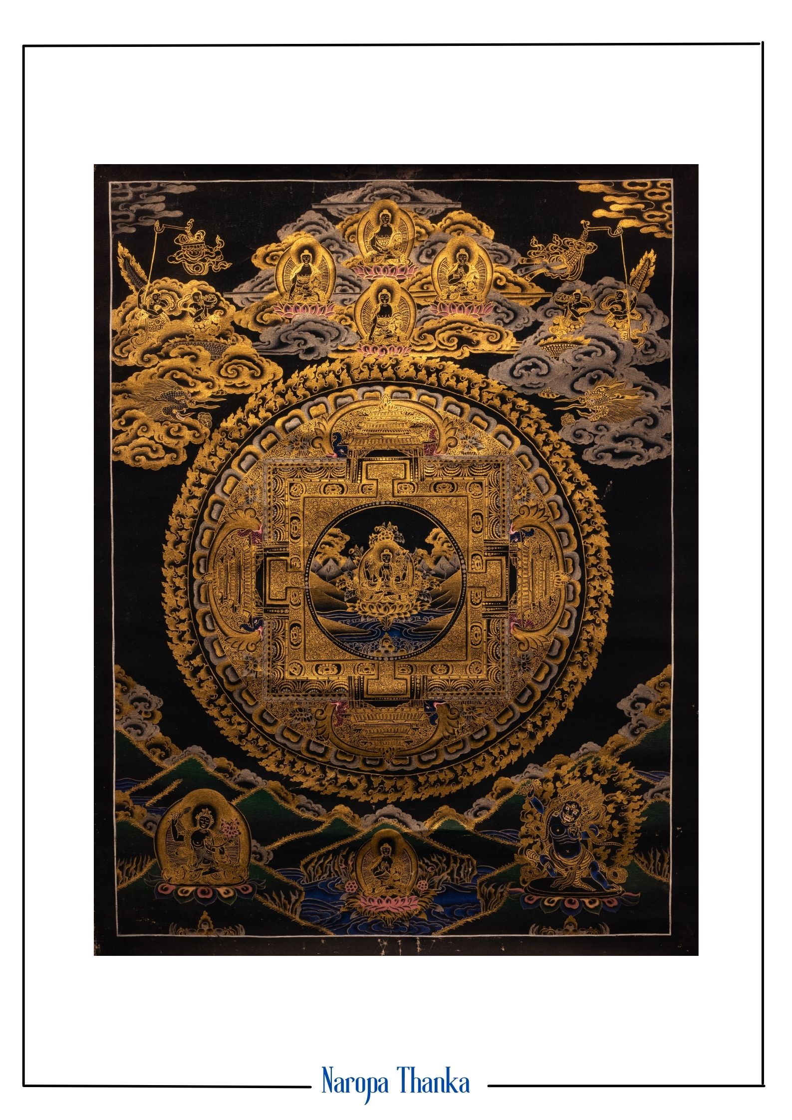 Black and Gold Chenrezik Mandala ( Bodhisattva of Compassion), 24k Gold paintings, Tibetan Thangka,51*37cm