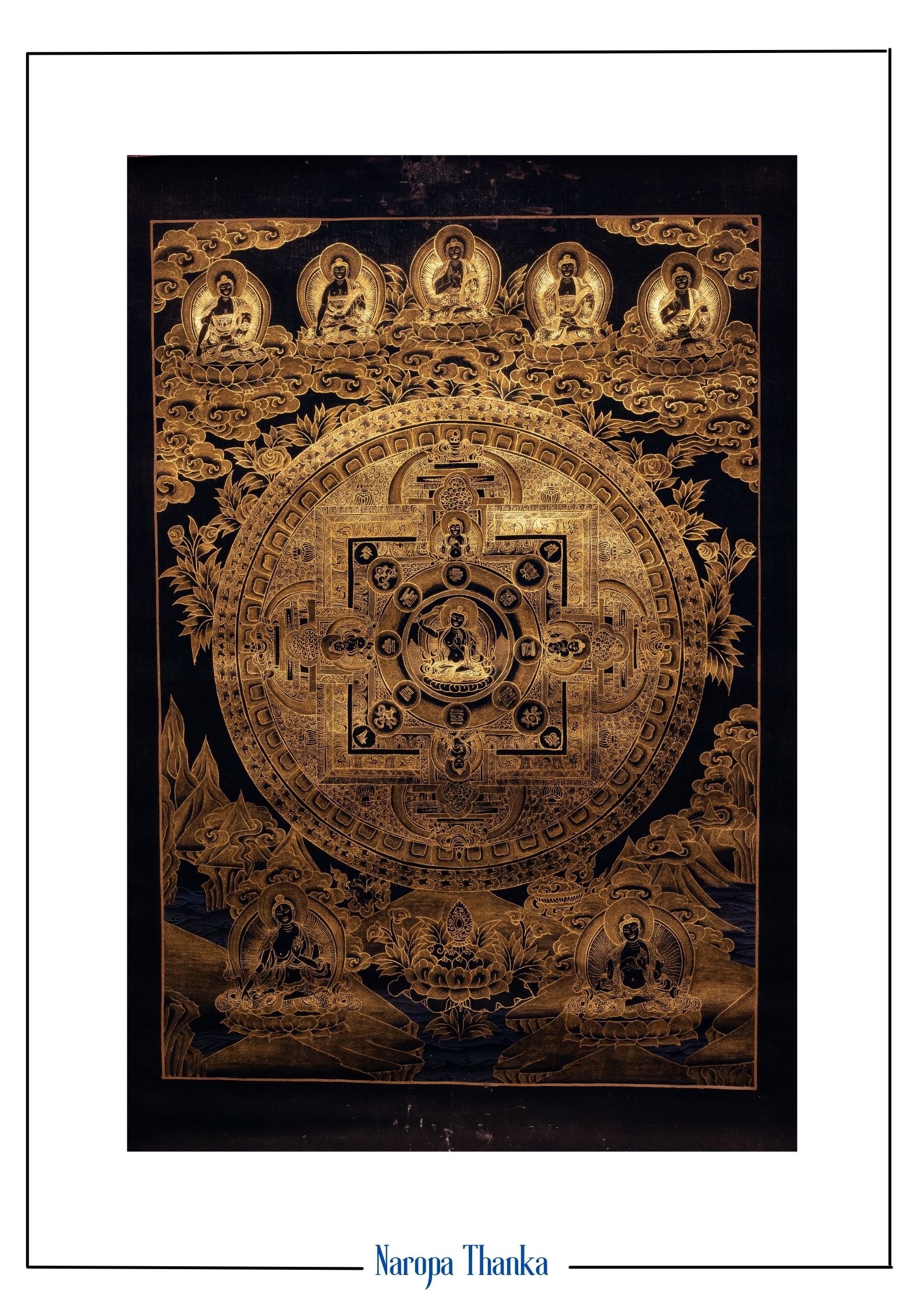Manjushree  (Mandala for Wisdom), Black and  Gold Manjushree Mandala, 24k Gold painting Tibetan Mandala 48-37cm