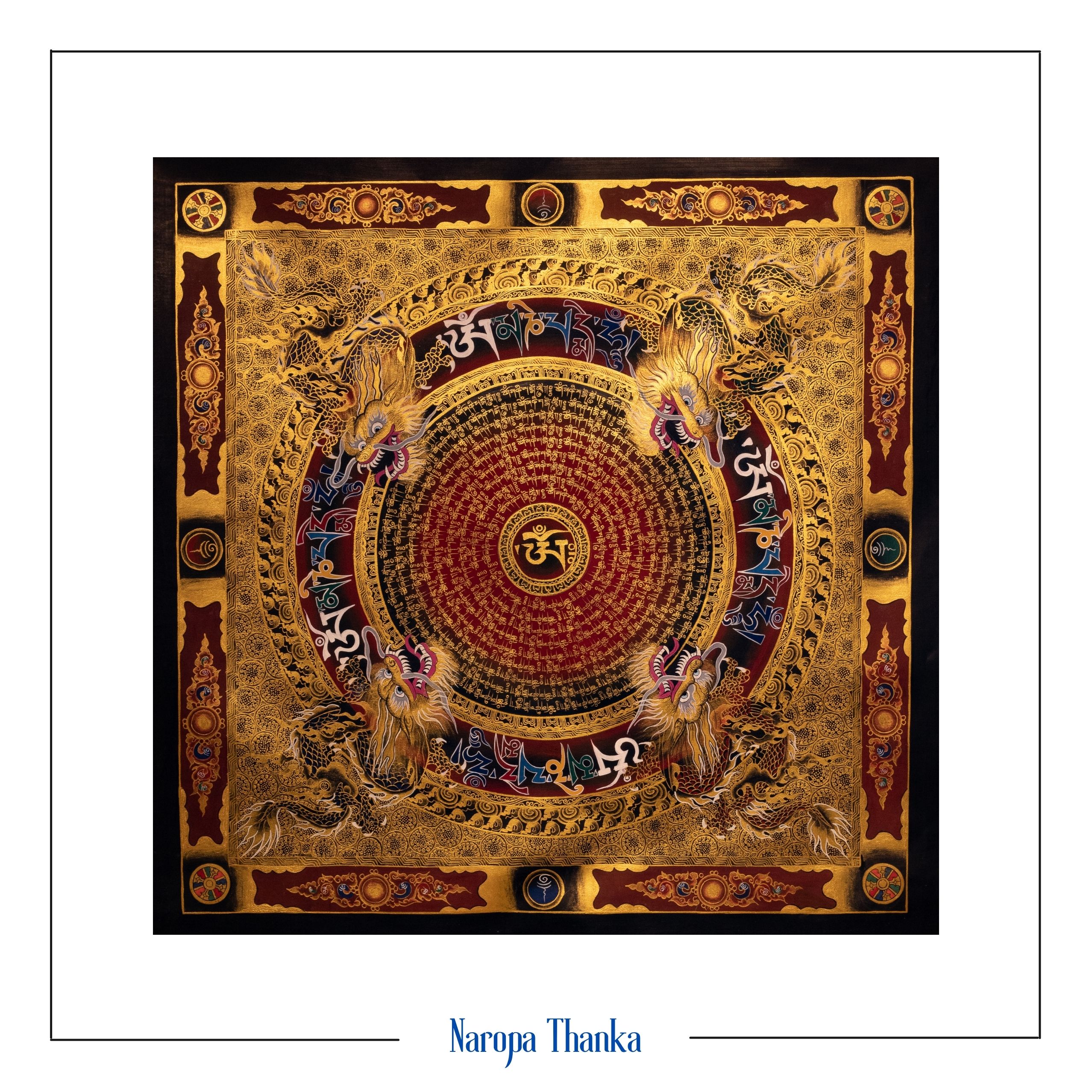 Black and Gold Dragon Mantra Mandala (Mandala For Protection), Tibetan Mandala 65*55cm