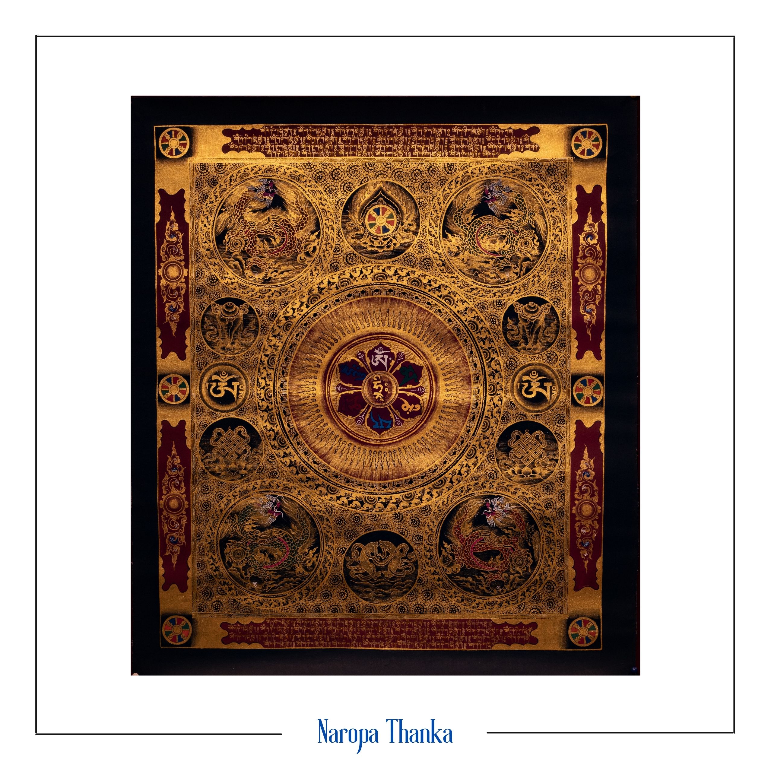 Black and Gold Dragon Mantra Mandala (Mandala For Protection), Tibetan Mandala 65*55cm